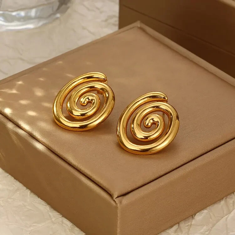 18K Gold Plated Spiral Stud Earrings Women Bold Modern Swirl Stainless Steel