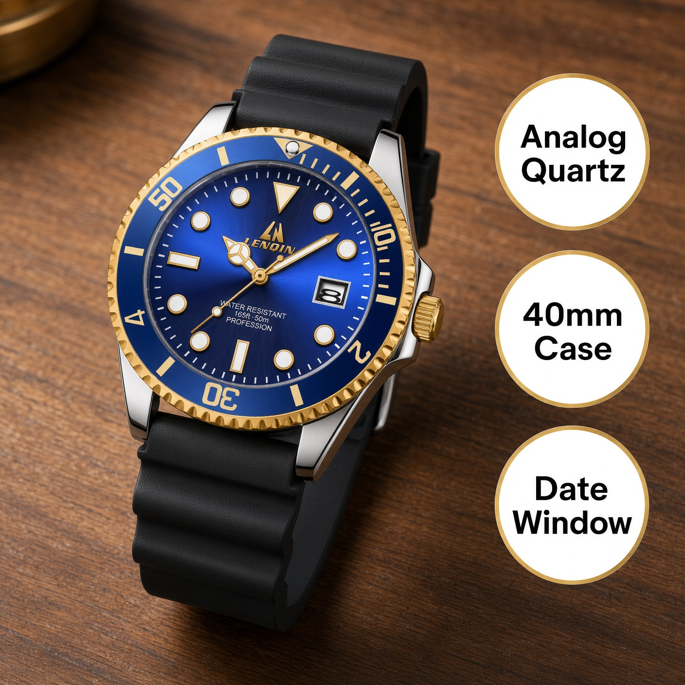 LN LENQIN Mens Analog Quartz Watch 40mm Gold Blue Date Luminous 50m Military