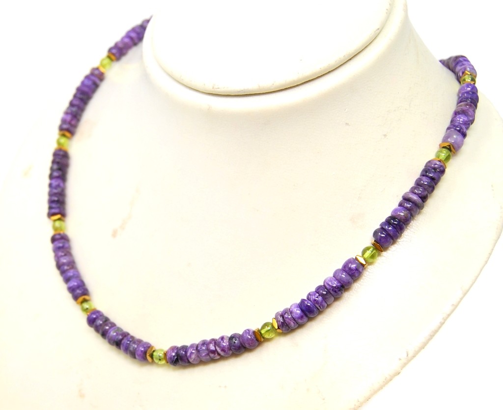 High Quality Charoite Gemstone Necklace with Pyrite and Peridot Spacer Beads