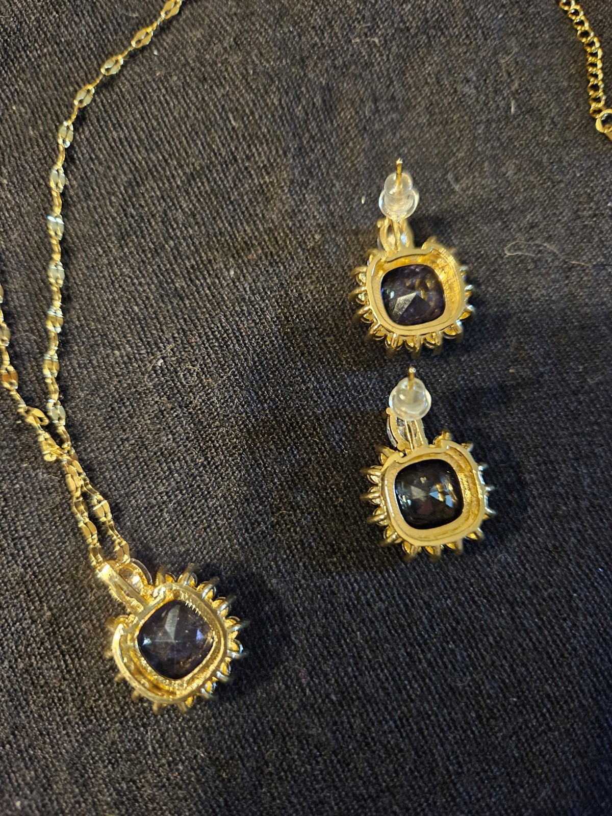 Gold Tone Purple Stone with Clear Accent Pendant Necklace & Earrings Jewelry Set