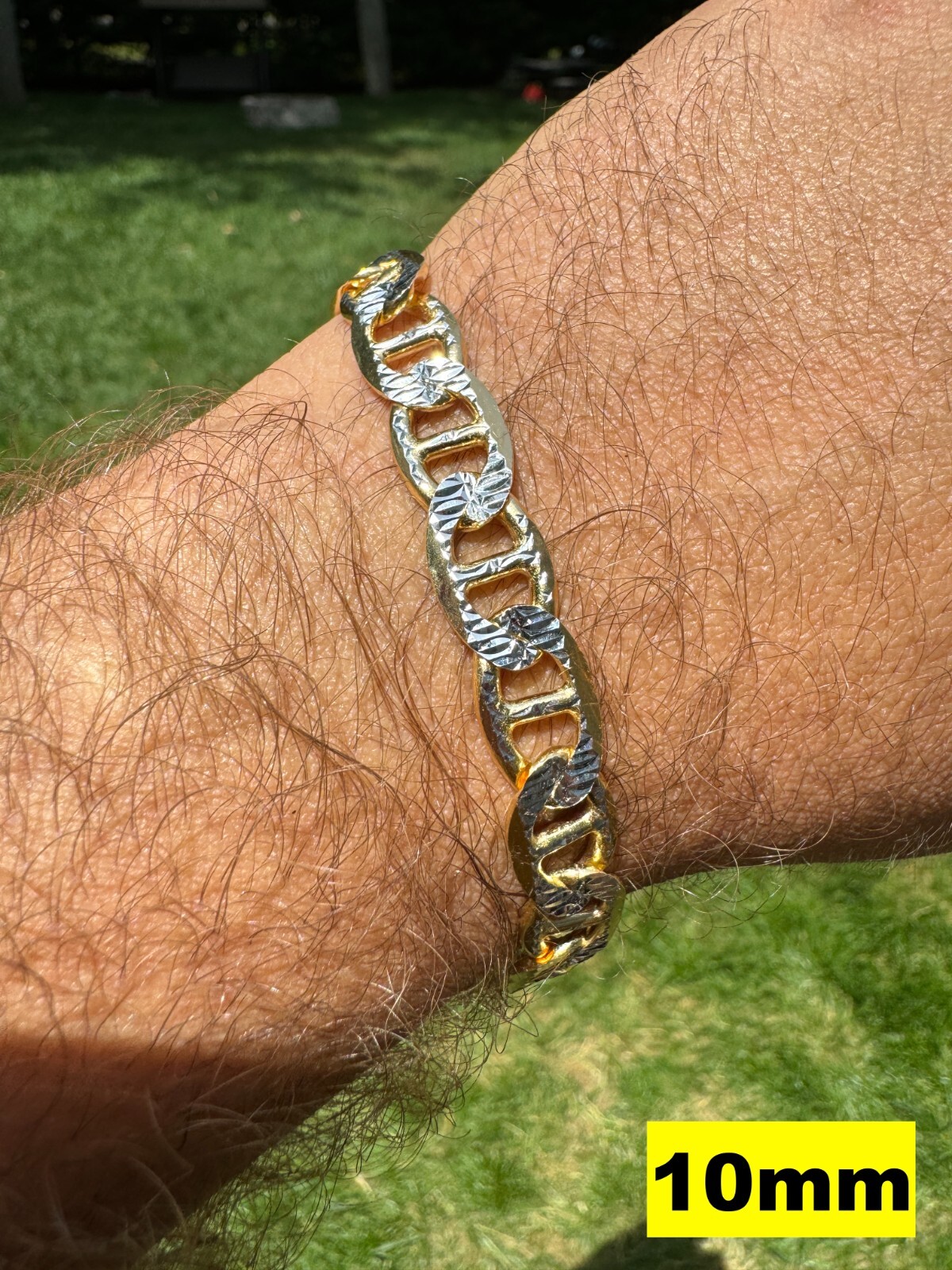 925 Sterling Silver 14k Gold Plated Two Tone Diamond Cut Mariner Chain Bracelet