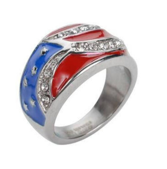 Ladies American Flag Ring Imitation Diamonds Stainless Steel Patriotic Jewelry 4