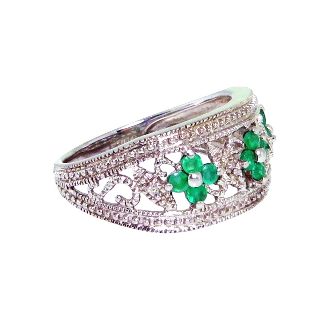 Vintage Sterling Silver Colombian Emerald & Diamond Filigree Ring w/Flowers