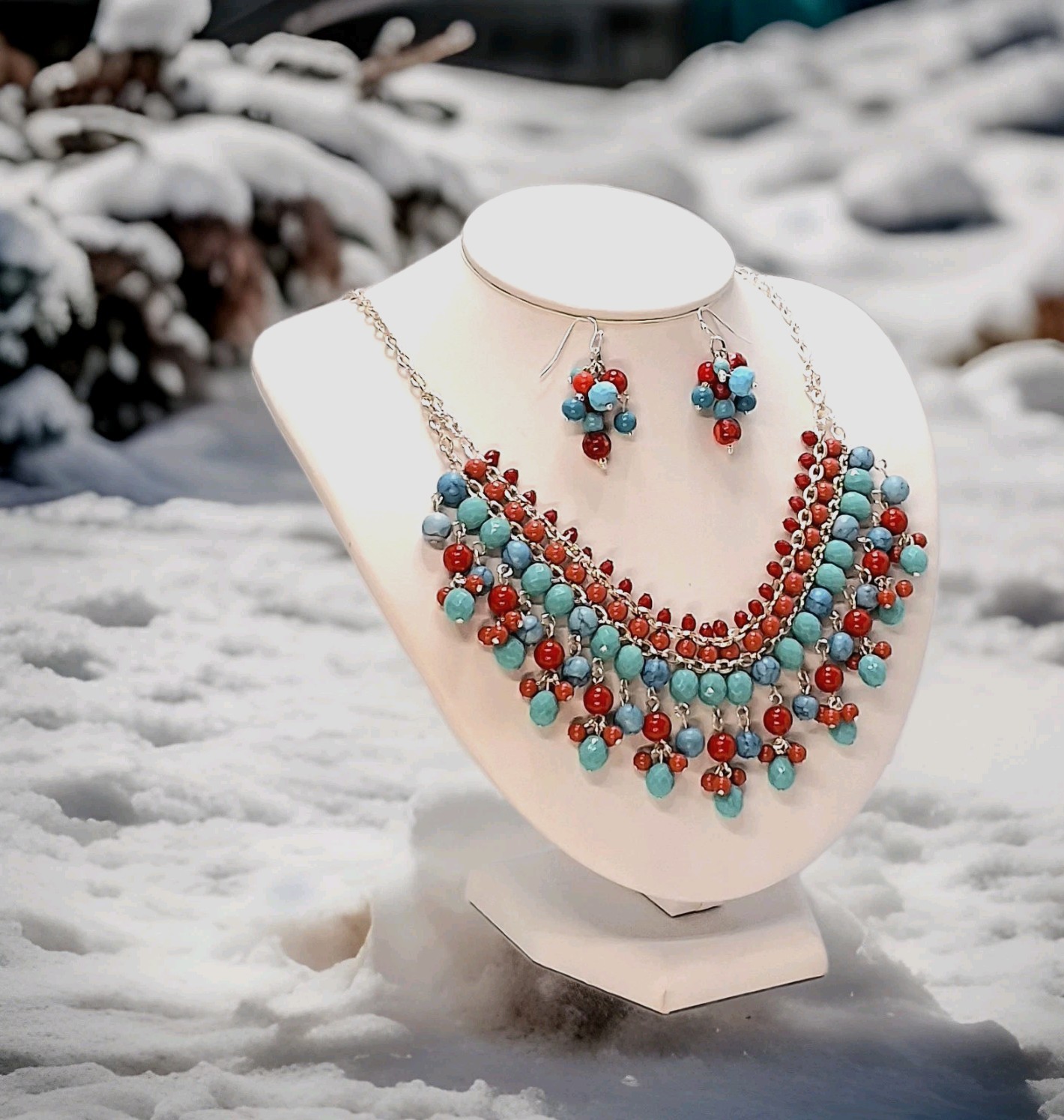 CHAP’S, Ralph Lauren Turquoise Red Silver 10″L Bib Necklace + 1.5″L Earrings Ap4