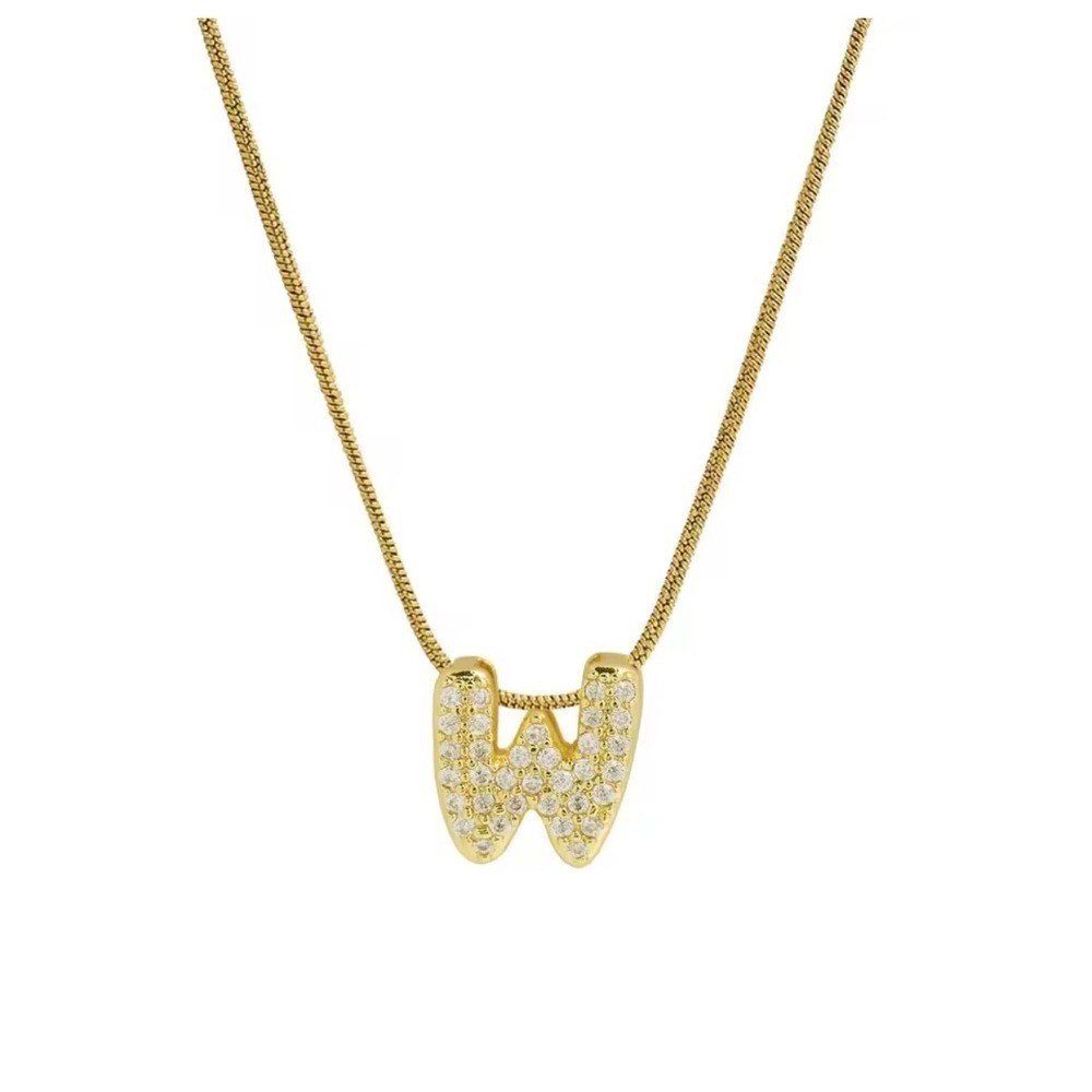 18k Gold Plated Bubble Initial Necklace CZ Pavé Letter Pendant Snake Chain