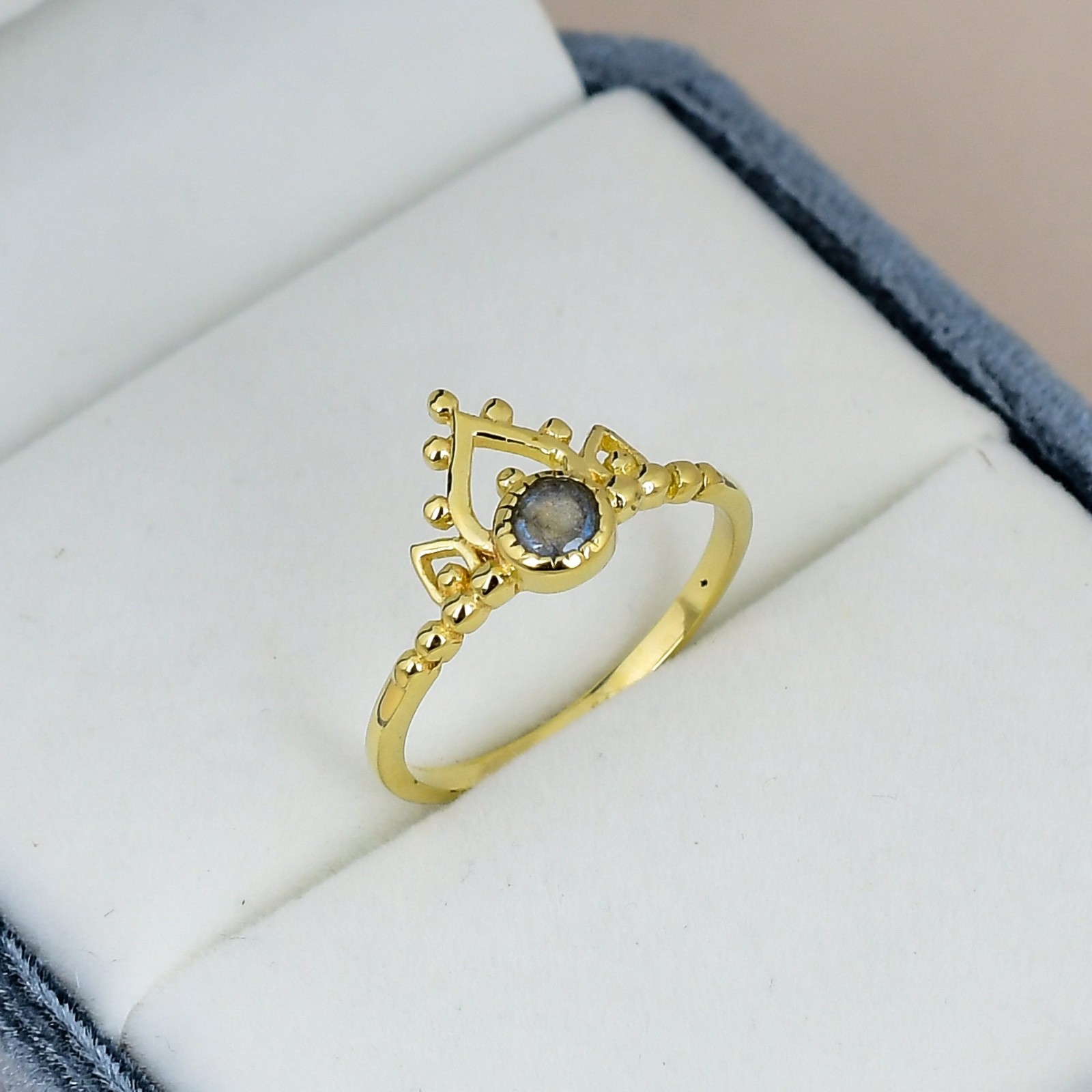 Labradorite Crown Ring 18K Gold Plated 4mm Round Gemstone Minimalist Ring