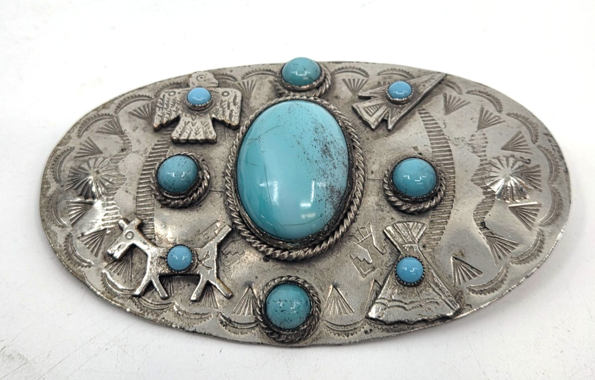 Vintage Navajo Style Fred Harvey Era Brooch Turquoise & Nickle Silver