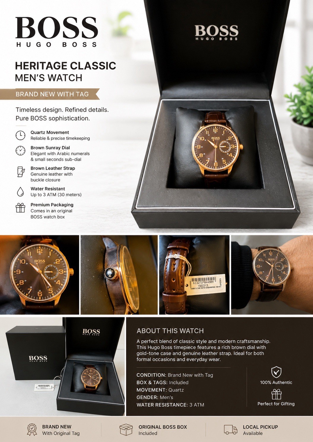 HUGO BOSS BOSS Heritage Classic Men’s Quartz Date Brown Dial Leather 43mm 30m