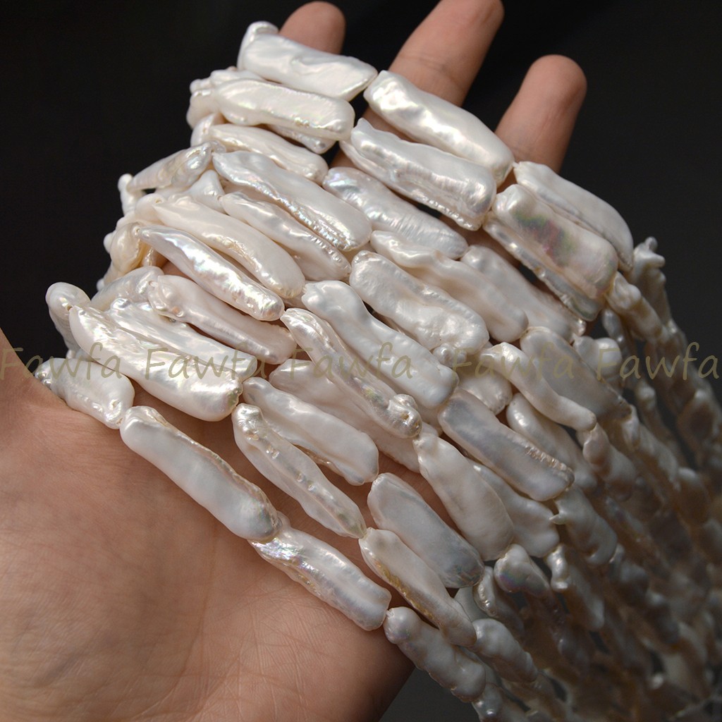25-30mm Natural White Unique Biwa Long Baroque Freshwater Pearl Loose Beads 15”