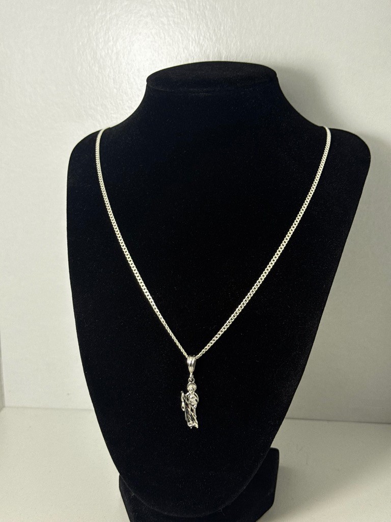 Sterling Silver San Judas Tadeo Pendant Necklace 22 Inch Curb Chain 925 Italy