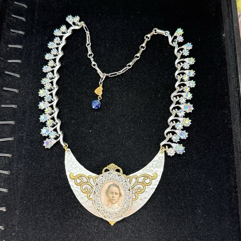 Adorned Crown Jewelry assemblage rhinestone filigree female image bib necklace