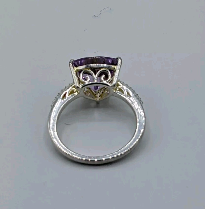 STS Rose De France Amethyst Trillion Cut & CZ Ring in Sterling Silver Size 8.25