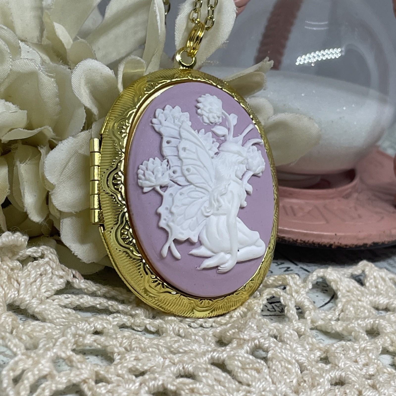 Birthday Gold Fairy Flower Butterfly Cameo Locket Necklace anniversary birthday