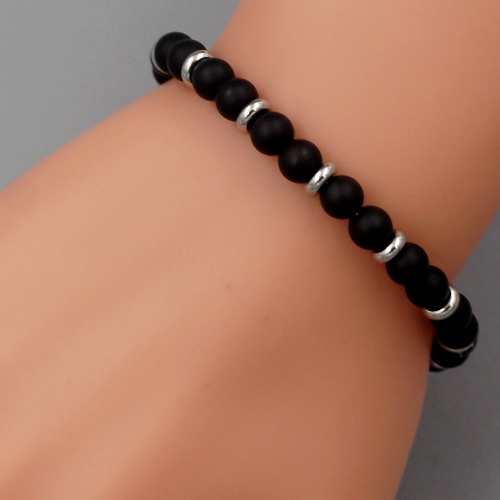 Men Black Agate Natural Frosted Stone Stainless Steel Chain Bangle Bracelet 151