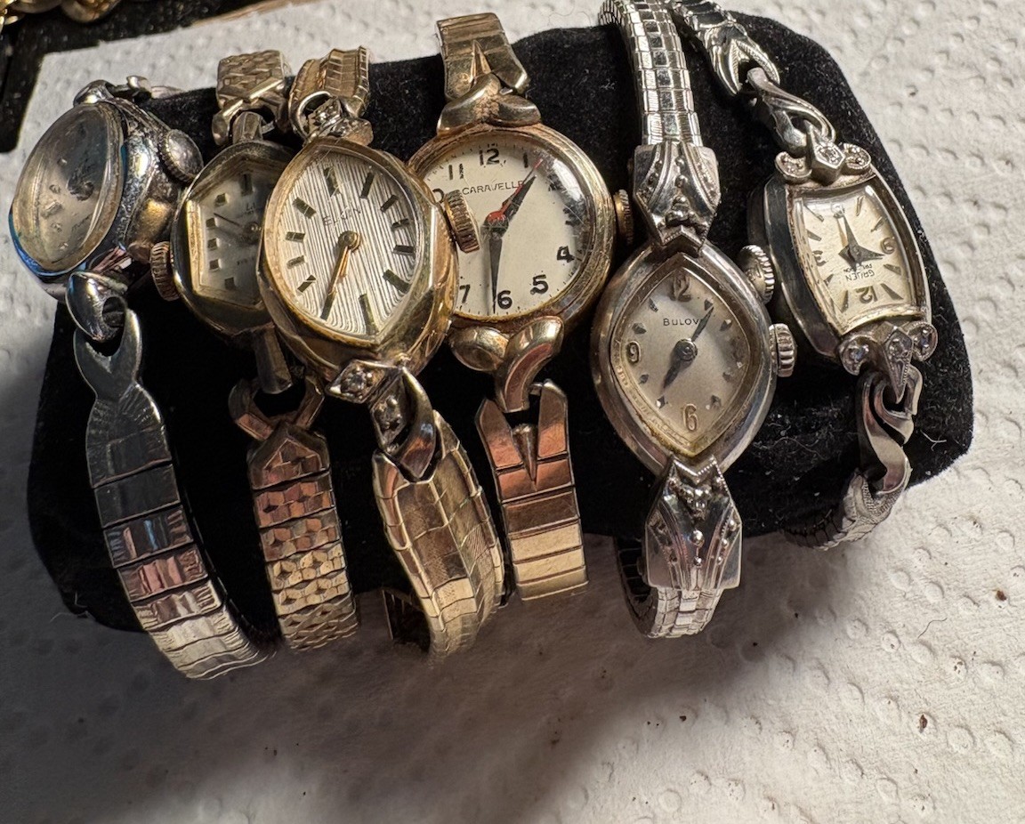 VTG Lot Of 6 Watch Gruen, Bolivia, Elgin,Waltham, Caravelle, Diamond Chips 10krg