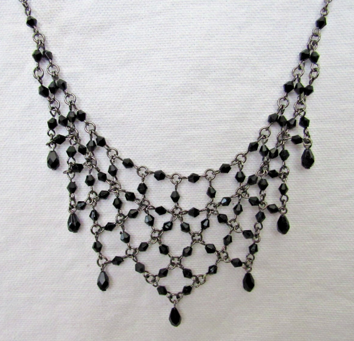 Black Beaded Fringed Bib Choker Necklace Light Weight Plastic & Metal