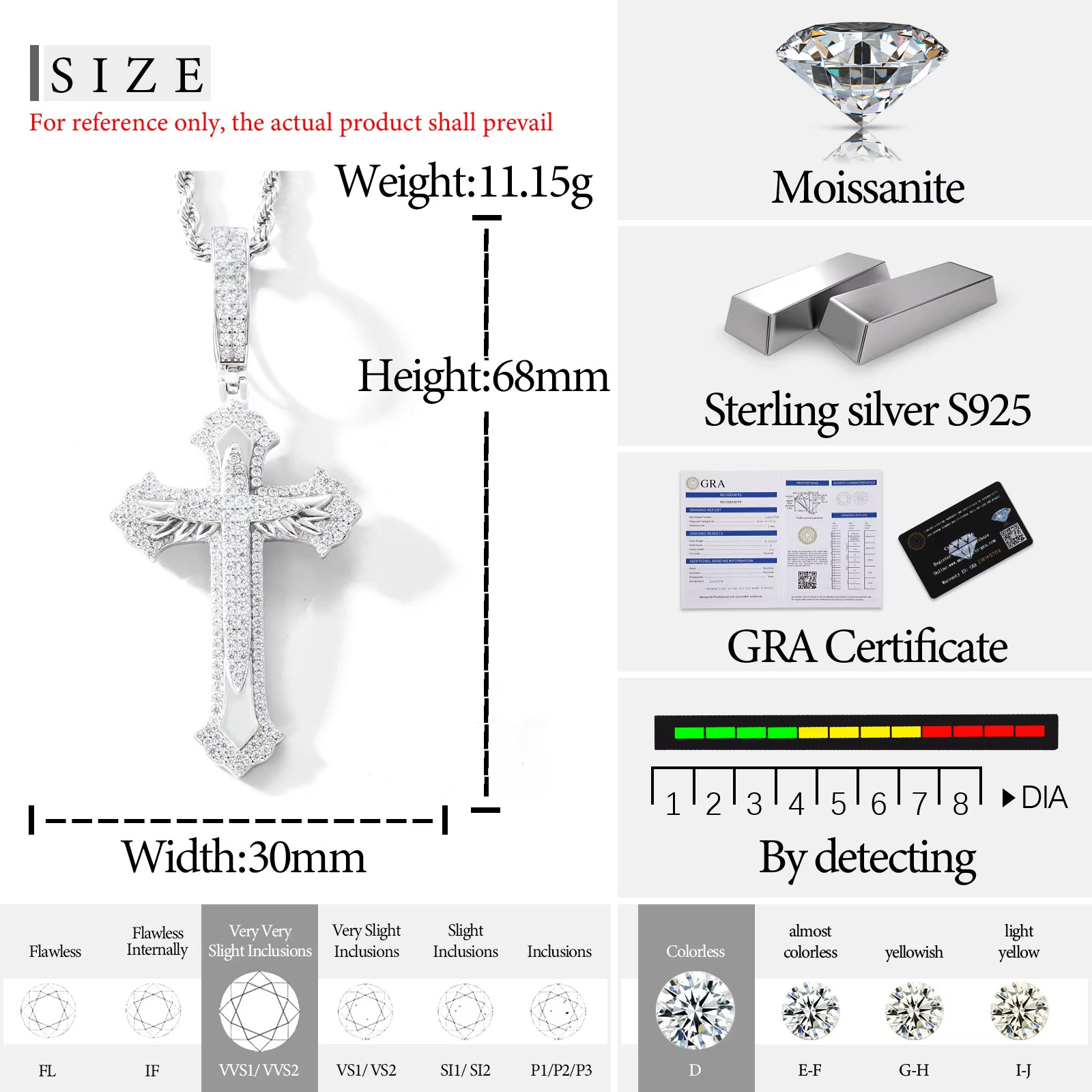 925 Sterling Silver VVS Moissanite Cross Pendant Iced Out 14k Yellow Gold Plated