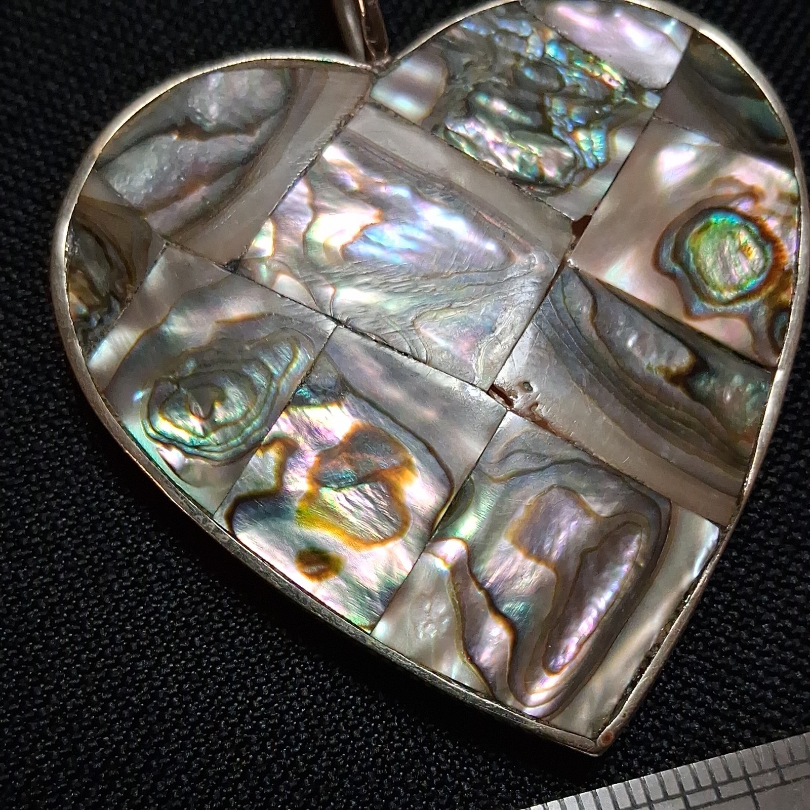 BIG TAXCO MEXICO HEART ABALONE SHELL DOUBLE SIDE REVERSIBLE PENDANT 925 STERLING