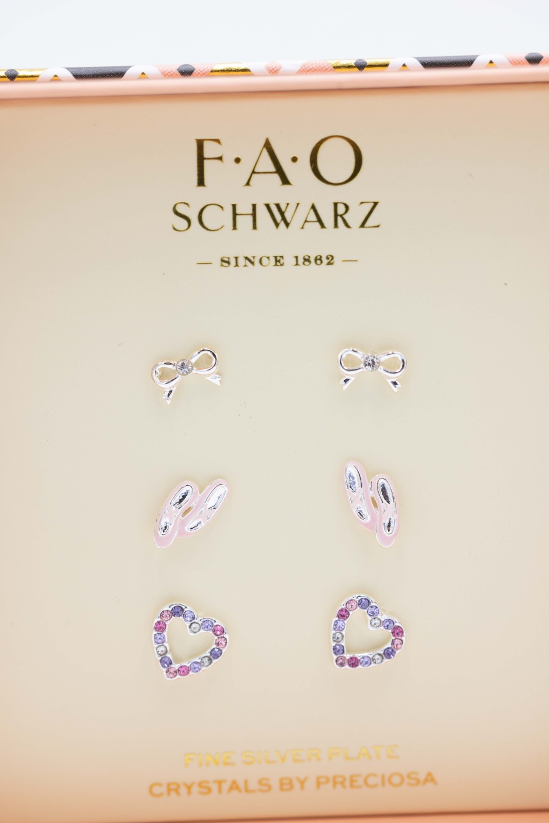 FAO Schwarz Silver Tone Heart Ballet Slipper Bow Earring Set NIB