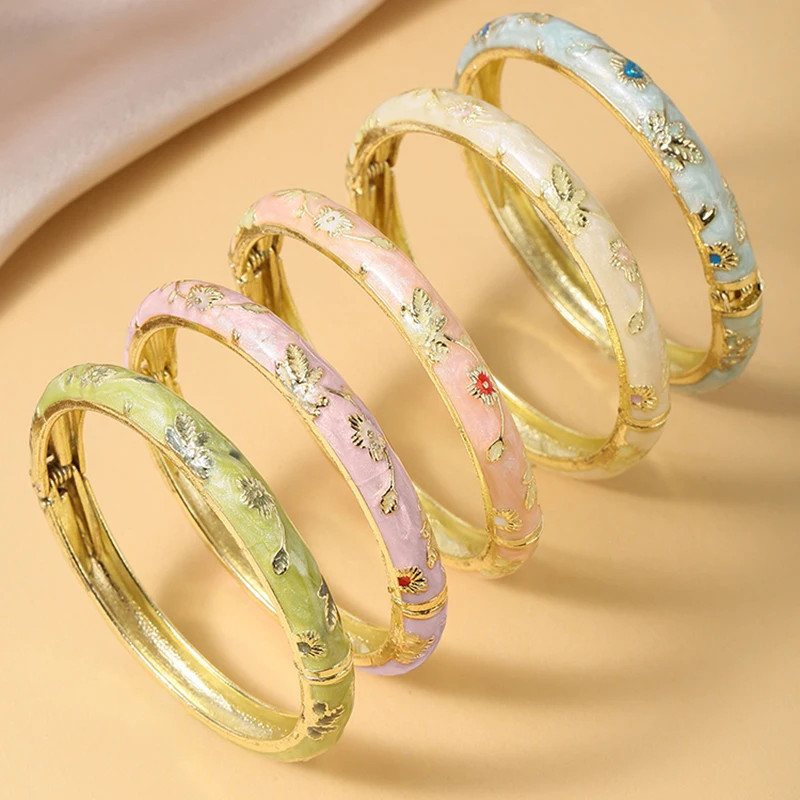 5PCS Fine Small Flower Cloisonne Enamel Bangles For Women Vintage Bohemian