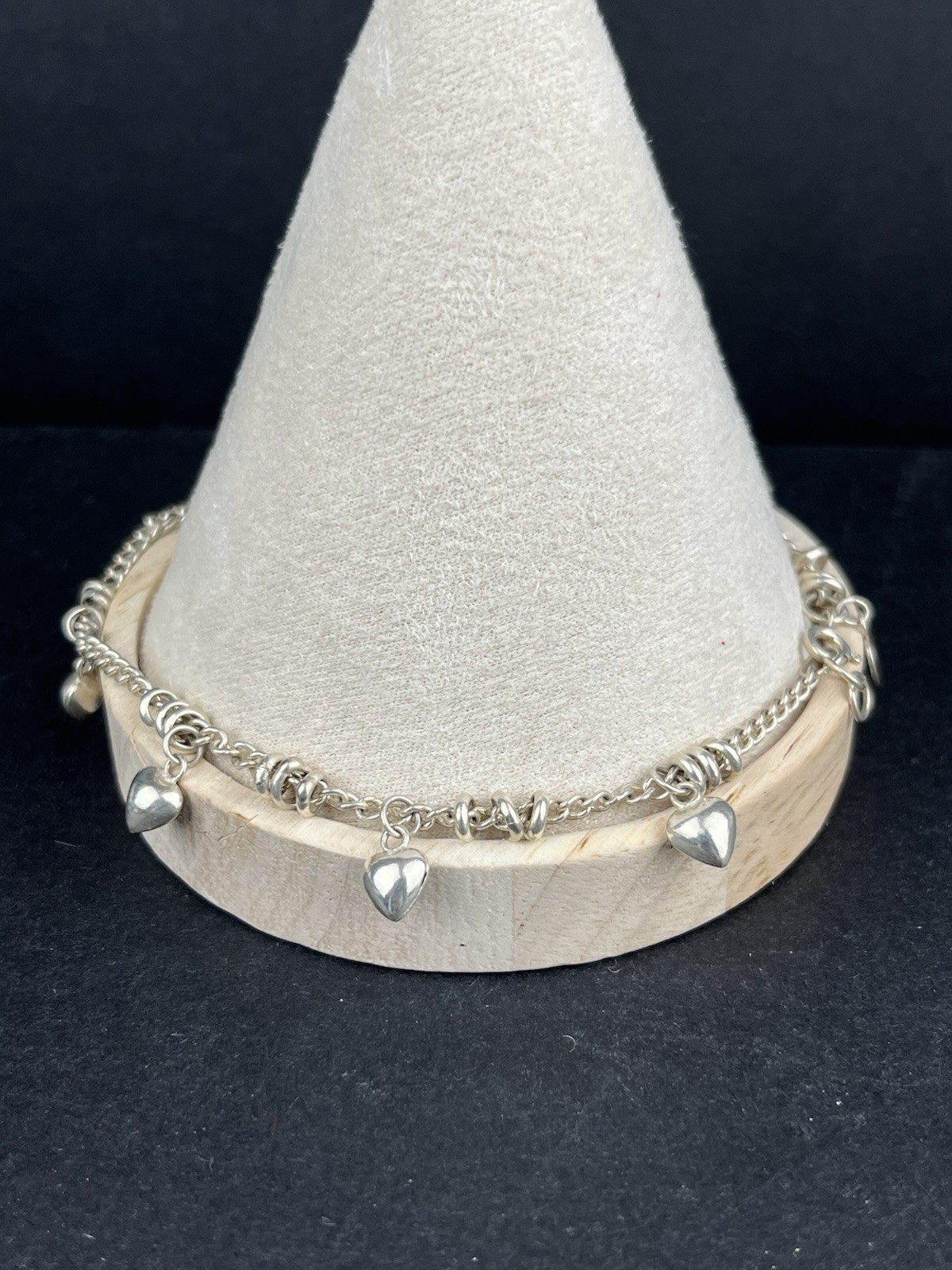 Sterling Silver 925 Puffy Heart Charm Anklet 9.75” Adjustable 9.45g