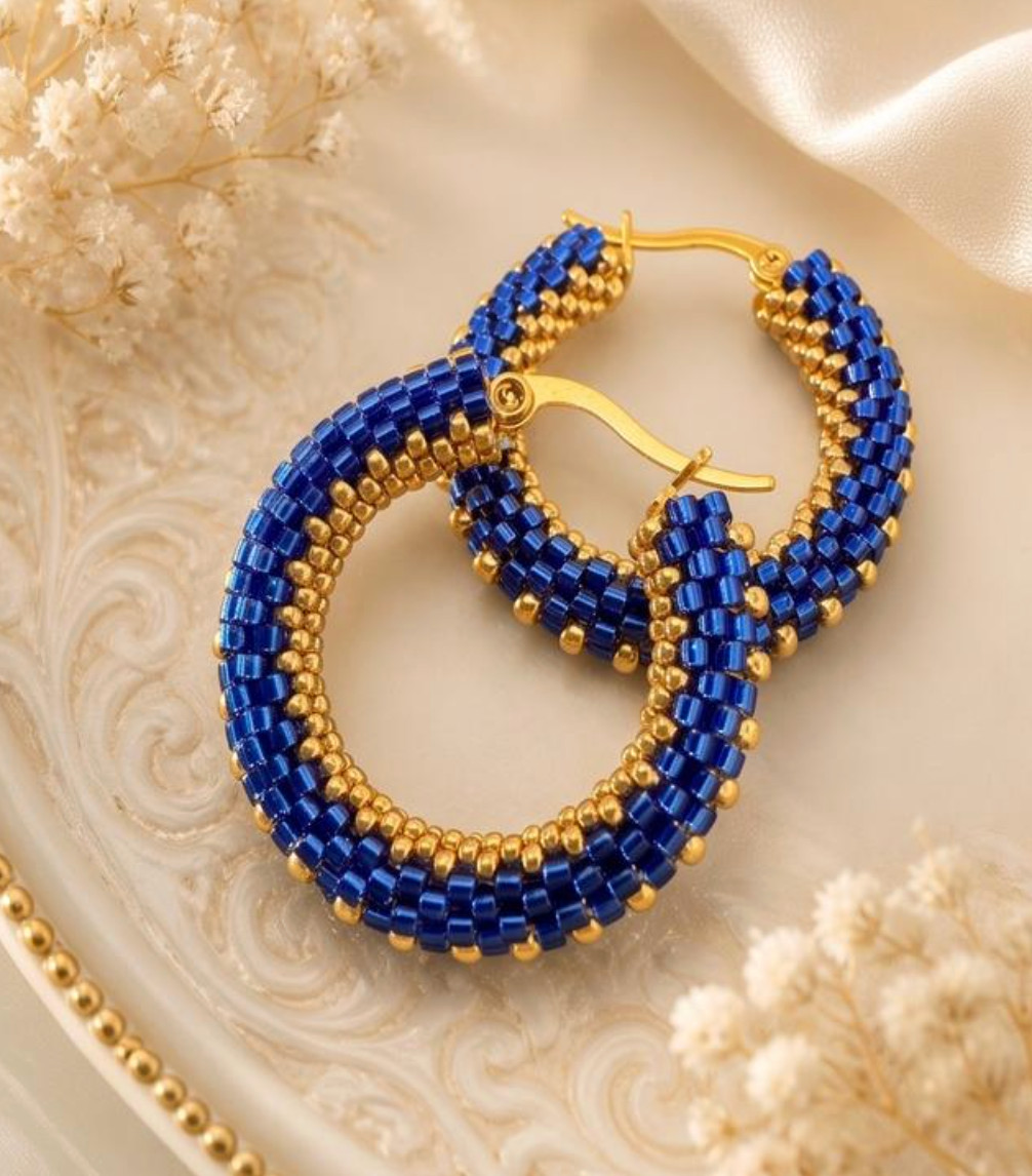 Japanese blue bead hoop earrings with gold 23–33 mm