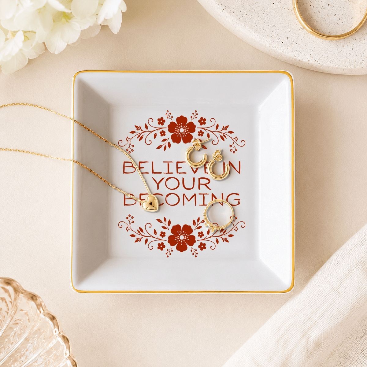 Believe In Your Becoming Hippie Flower Jewelry Dish Boho Trinket Ring Holder