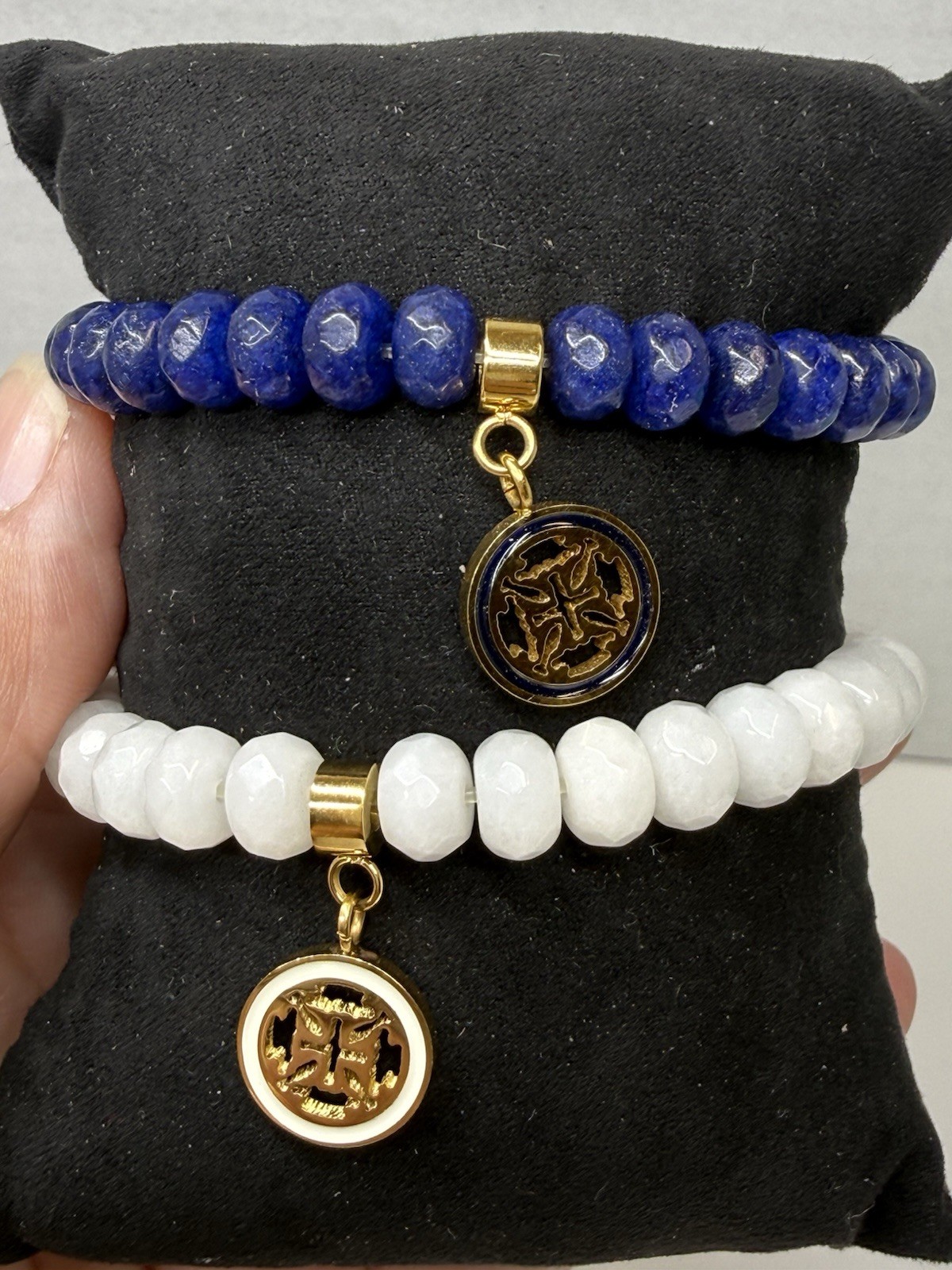 Rustic Cuff 2 Piece Blue & White Natural Stone Beaded Charm Bracelet Set New