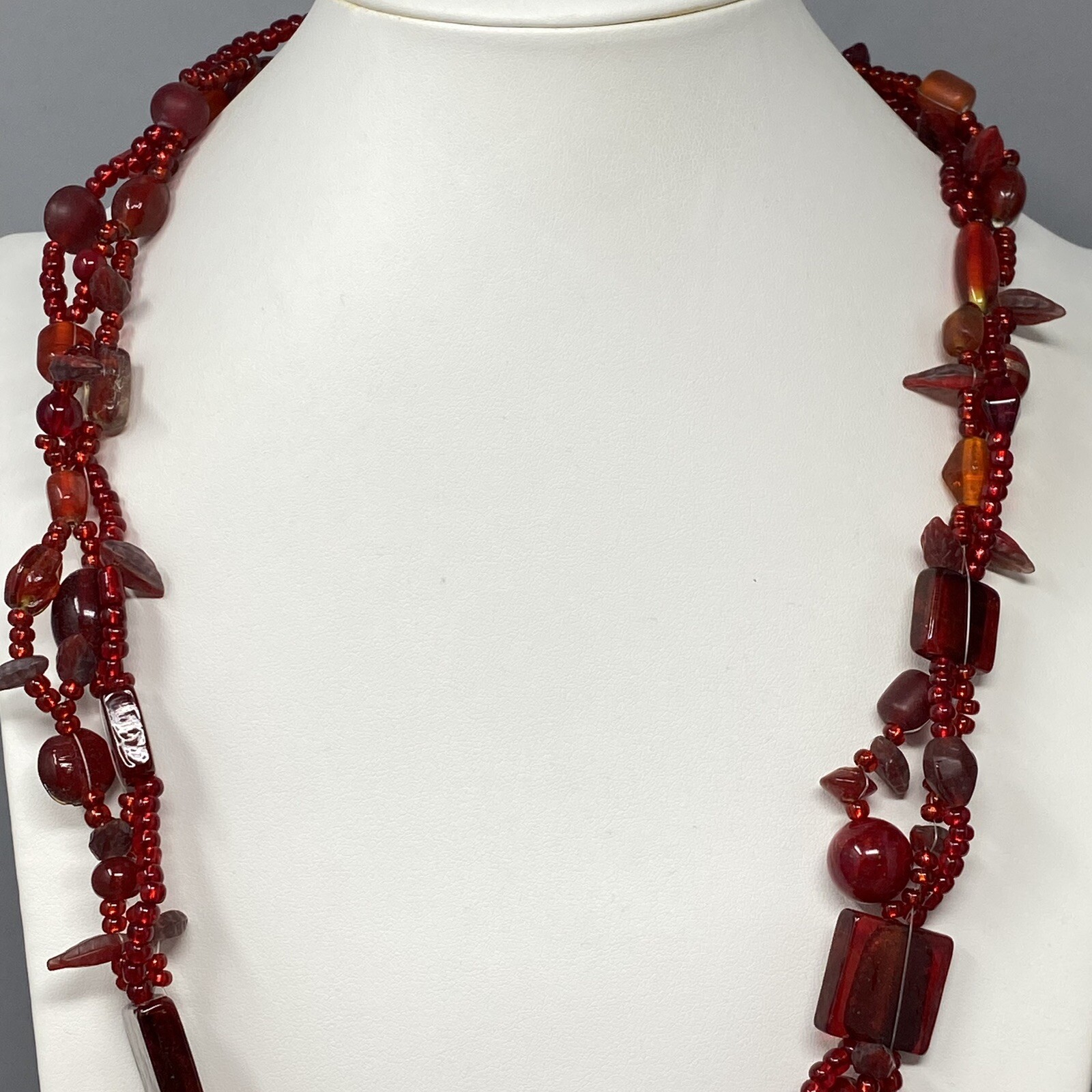 VTG Boho Glass Necklace Red Burgundy Glass Beads Czech Dichroic Frost Molded 24″