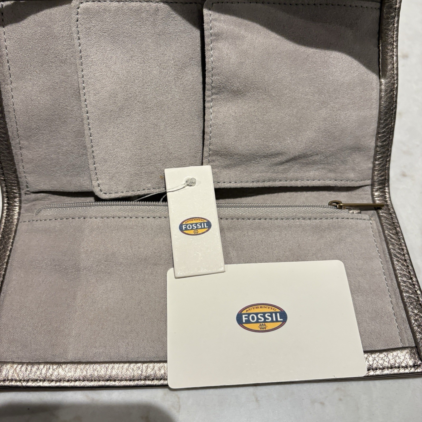 FOSSIL Soft Metallic Bronze Leather Flap Travel Jewelry Case Roll Clutch Wallet