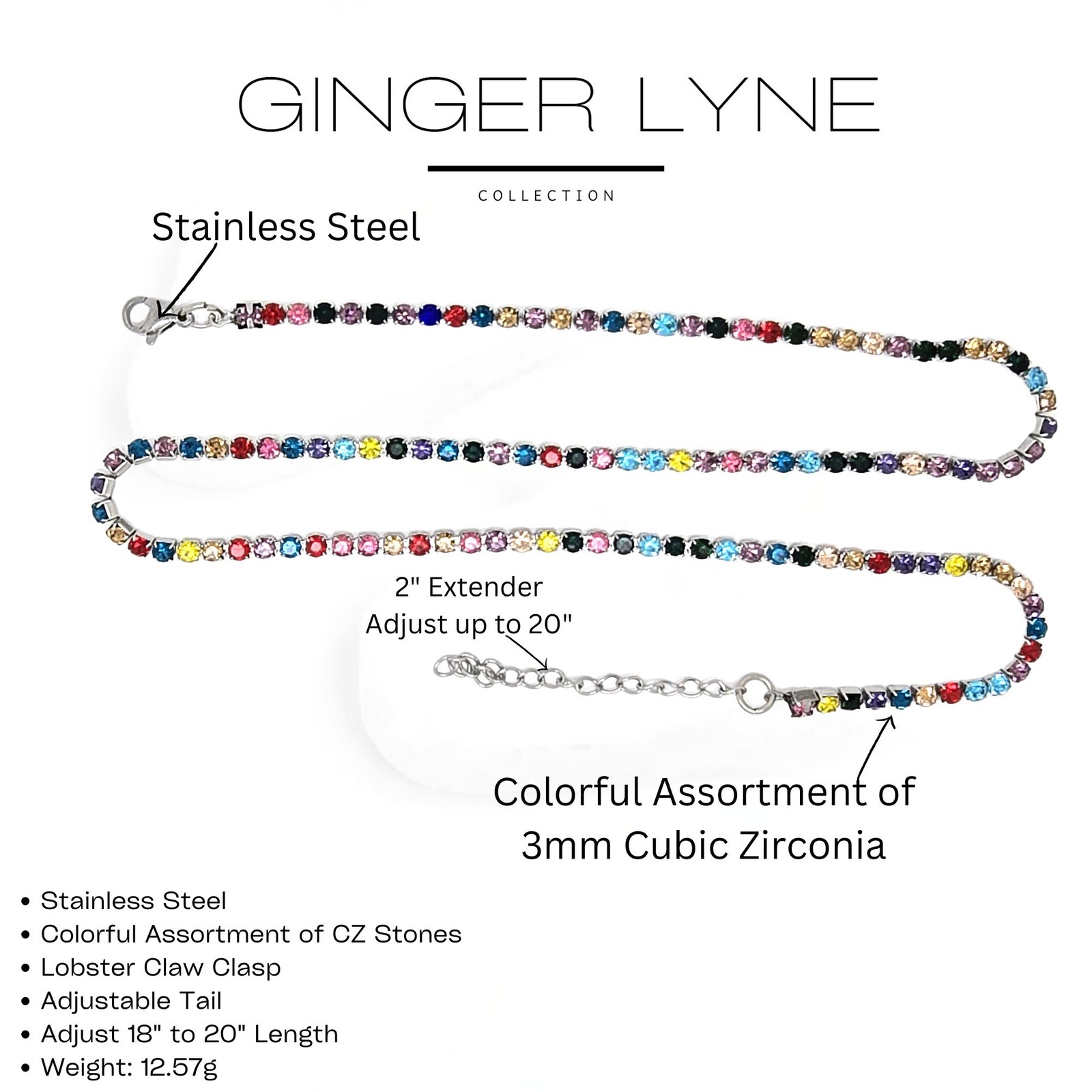 Colorful Tennis Necklace for Women 3mm Cubic Zirconia 18-20″ Adjustable Lengt…