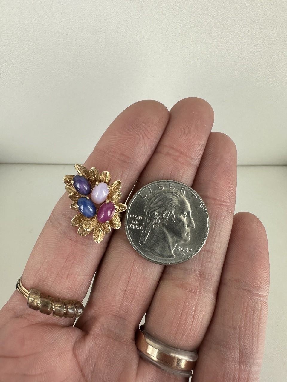 Vintage 14k Gold Linde Star Sapphire Ruby Cluster Floral Cocktail Ring 7