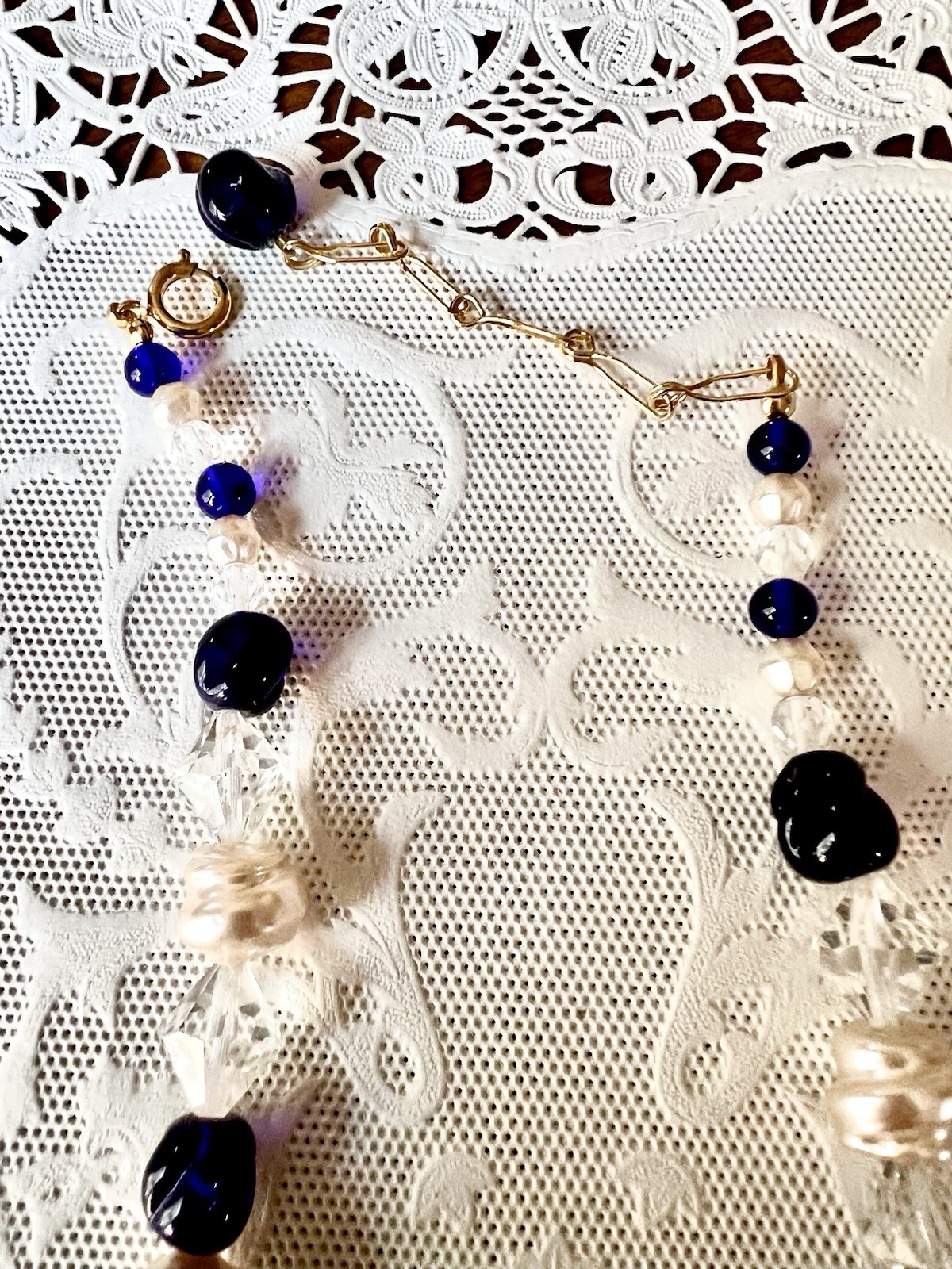 Vintage Venetian Cobalt & Green Flower Bead Art Glass Necklace 15″ + 3″ Extender