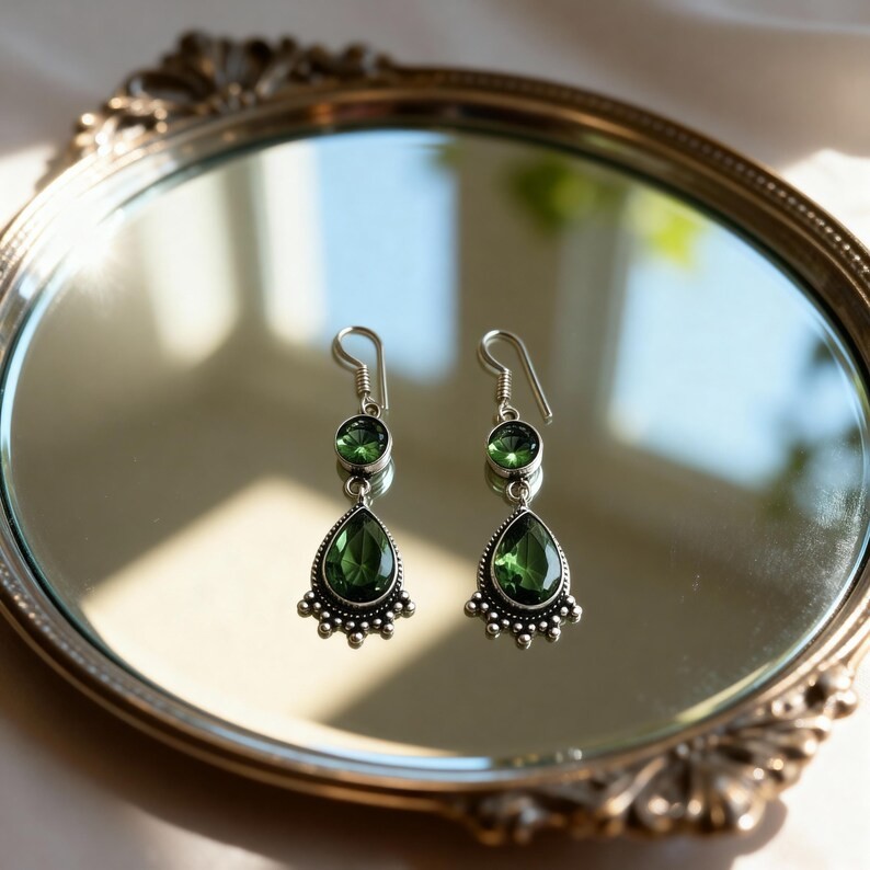 Handmade Peridot Dangle Earrings Antique Silver Teardrop Gemstone Jewelry