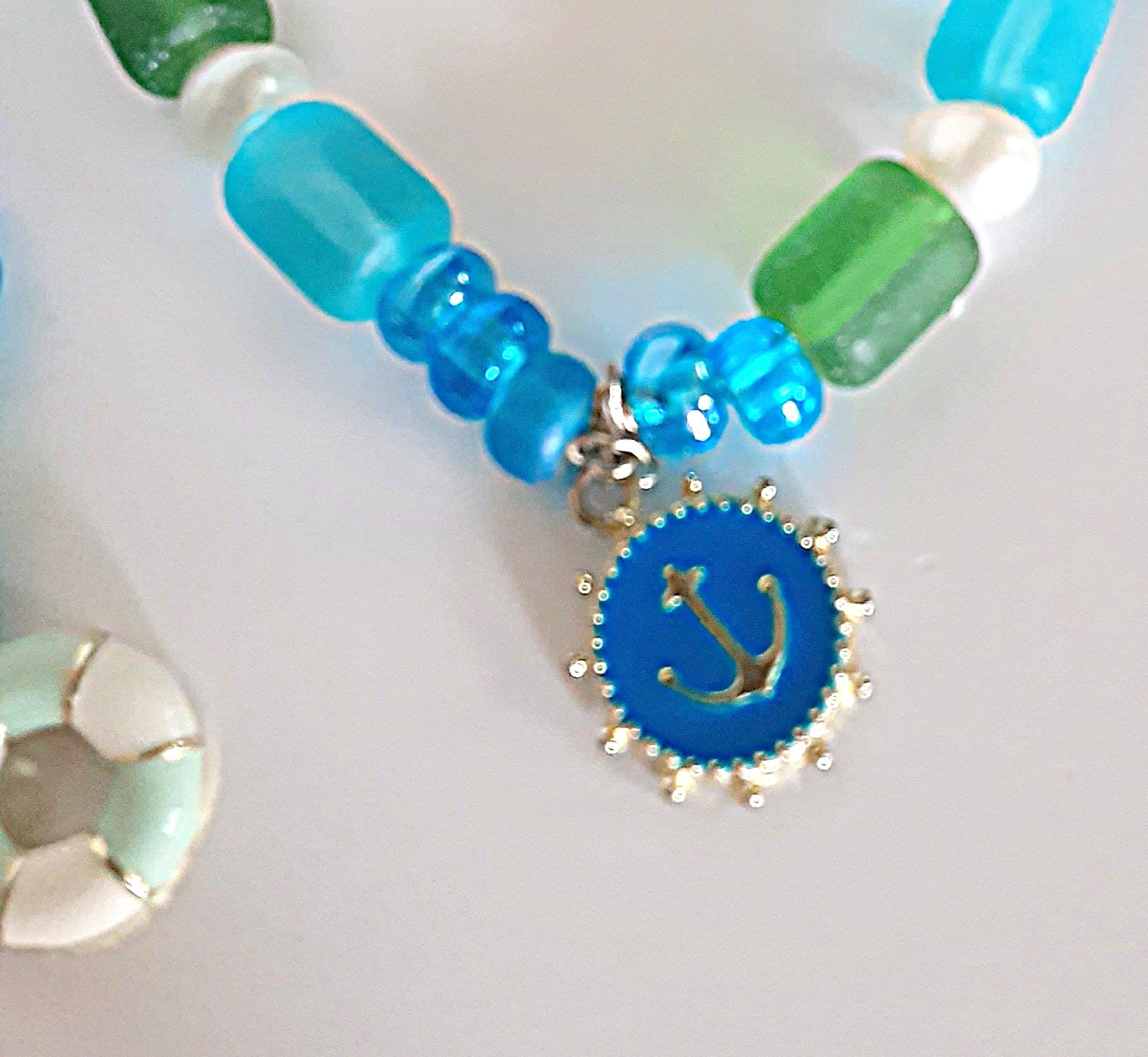 Handmade Sister Friends Sea Glass Nautical Charm Beaded Ankle Bracelet Set