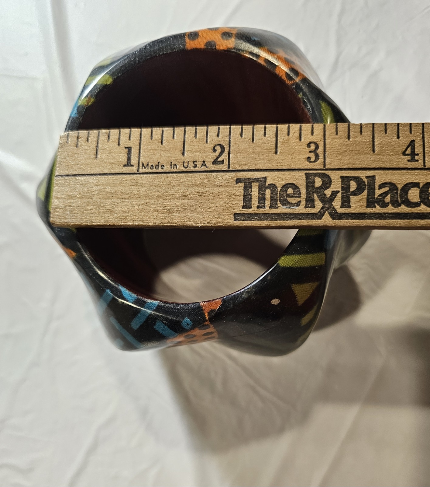 Handcrafted Asymmetrical Painted Wood Bangle Bracelet Black Blue Orange Yellow