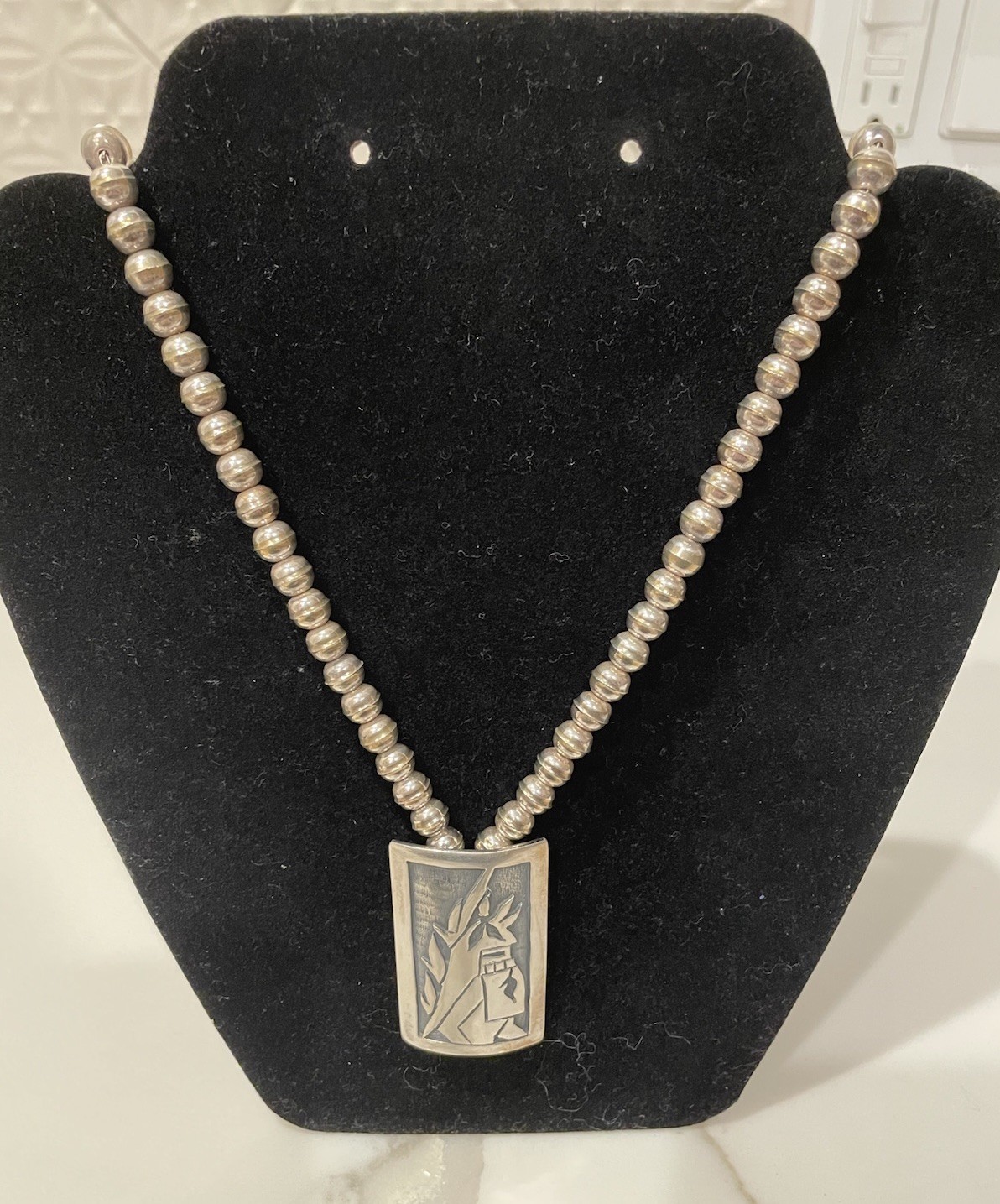 Vintage Hopi Sterling Silver Overlay Pendant Necklace Kachina Pearl Beads 22”