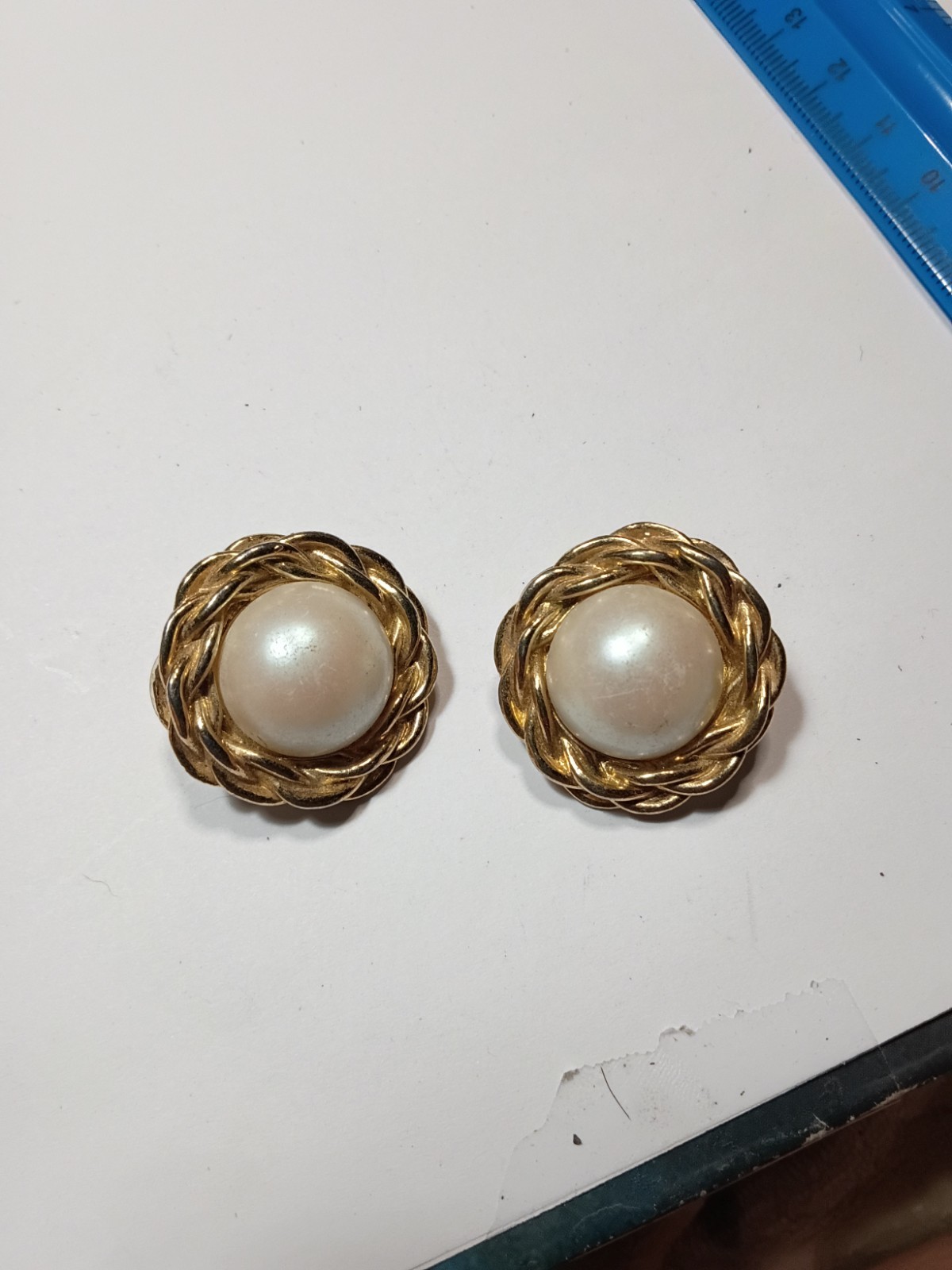 Gold Tone Rope Twist Round Stud Earrings, White Imitation Pearl, Butterfly Back