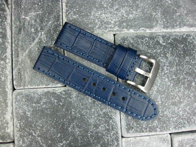 24mm BIG CROCO Leather Strap Blue Thick Watch Band Belt Blue Stitch for PANERAI