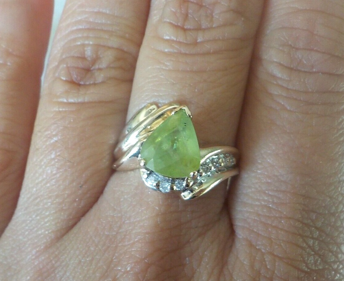 Solid 14K Yellow Gold Lime Green Sphene Diamond Ring – 4.70 gms, Sz6.75, 2.56 ct