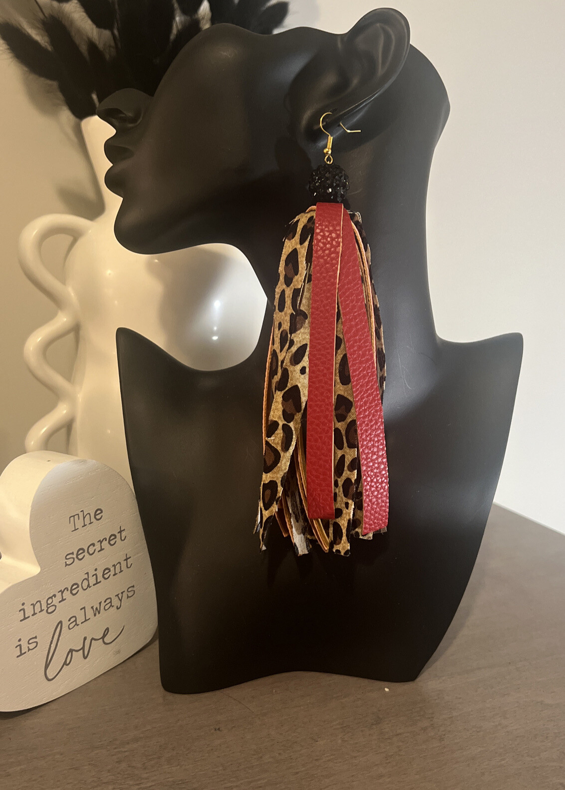 Handmade Leopard Print Fabric and Red Faux Leather Lightweight Tassel Earrings