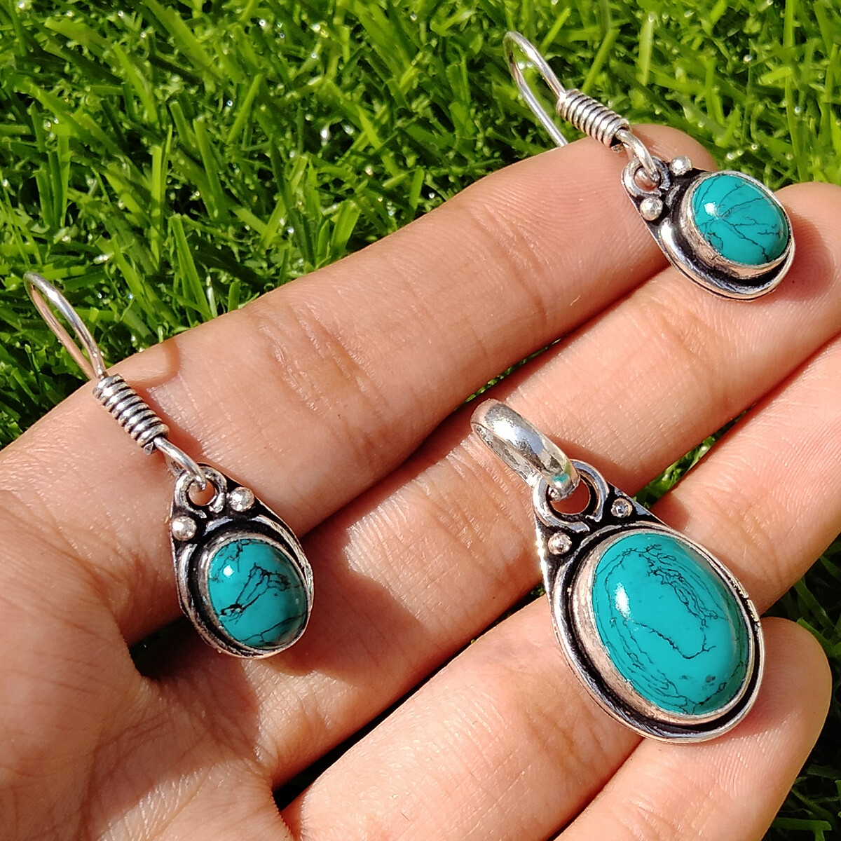 Turquoise Gemstone 925 Sterling Silver Plated Lot Pendant With Earrings Set