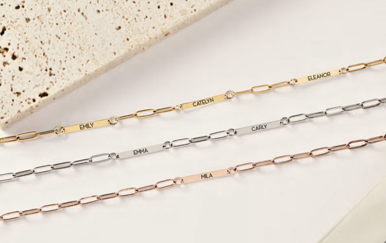 Minimalist 18″ Custom Name Bar Necklace for her 14K Gold Plated Sterling Silver