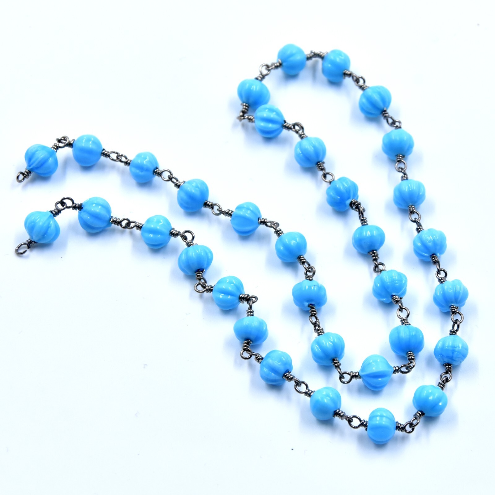 Turquoise Hydro Quartz Muskmelon Pumpkin Carved 6-7mm Quartz Beads 18″ Necklace