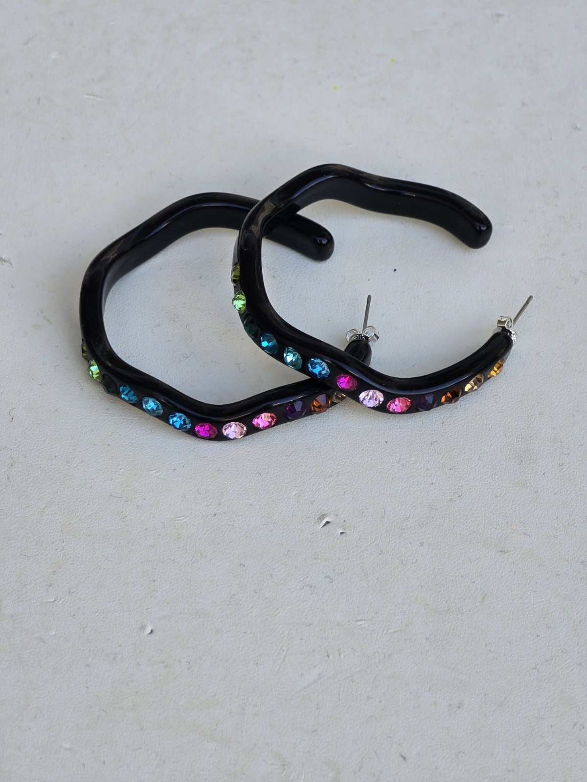 Multi Color Rhinestones Black Acrylic Large Hoop Pierced Earrings