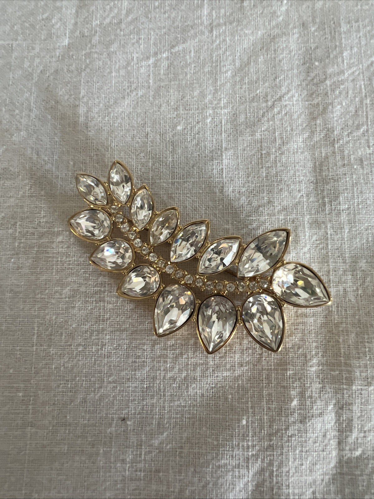 Vtg Signed Monet Gold Tone Leaf White Rhinestones Brooch Statement Pin 2 5/8 in