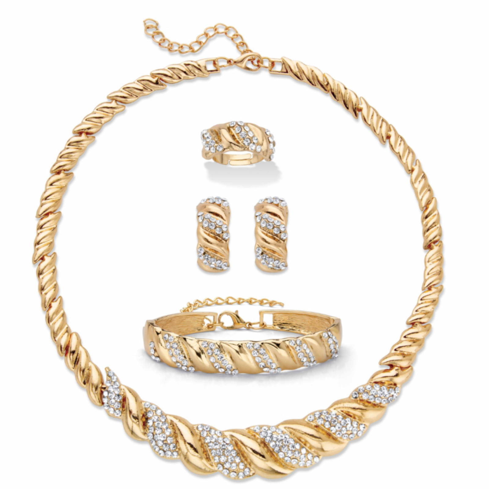CRYSTAL GOLDTONE CIRCLE S LINK NECKLACE EARRING AND RING SET