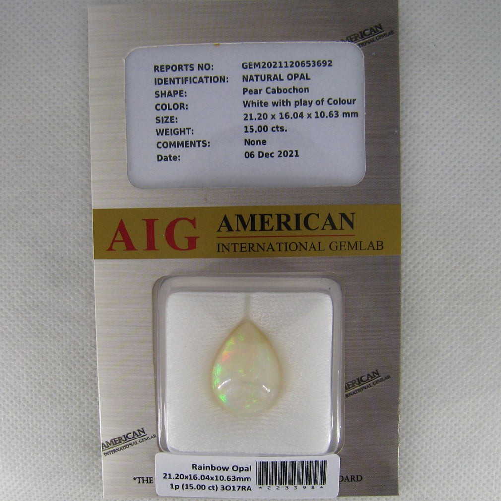 15.00 ct AIG CERTIFIED PEAR CABOCHON (21.20 x 16.04 mm) WELO RAINBOW OPAL