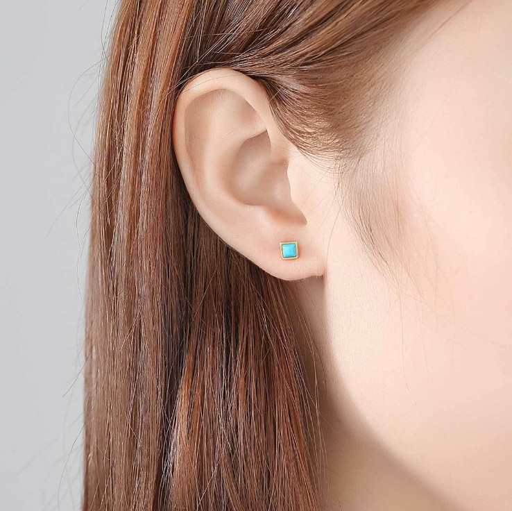 14K Gold Sterling Silver 4mm square beaded Turquoise post stud earrings Box PE44