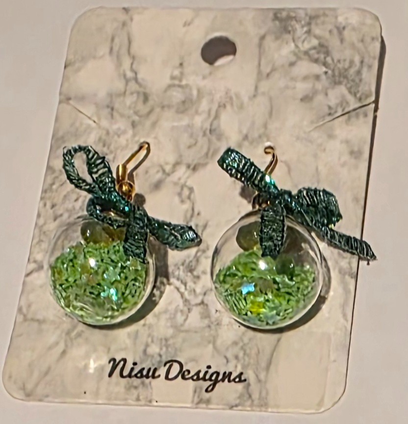Christmas Mini Globes Earrings with Starry Green Confetti and a Bow. Handcrafted